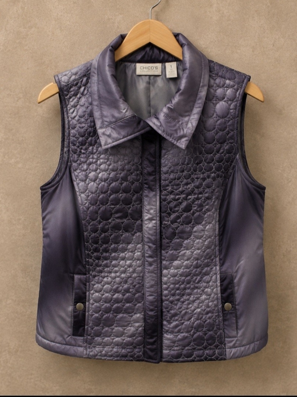 Chico’s Collection Quilted Circle Vest Purple Gray Size 1 M